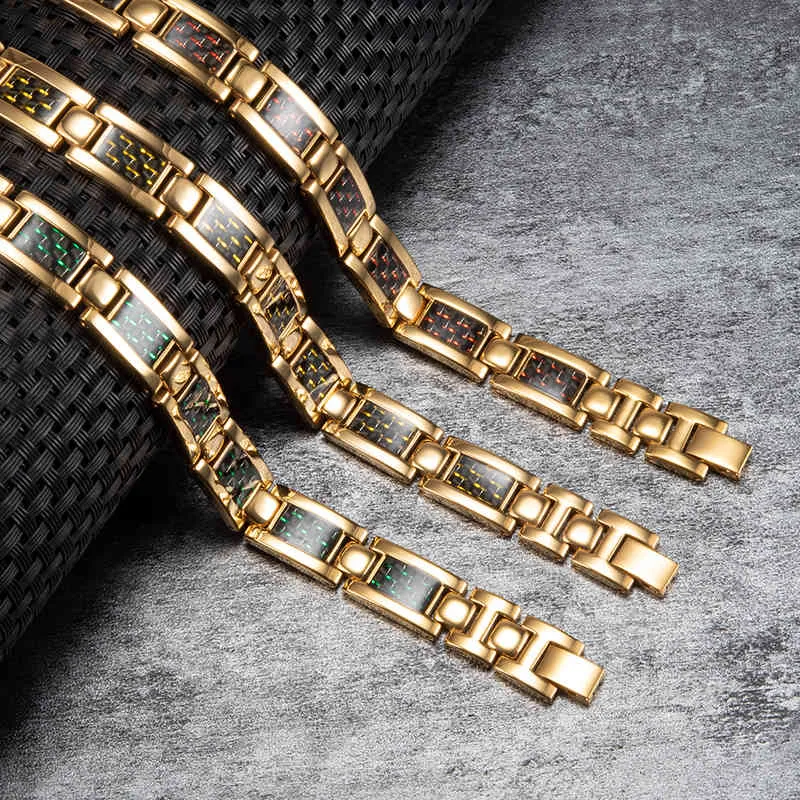 Vinterly Gold Men Stainless Steel Luxury 12mm Carbon Fiber Homme Wristband Magnetic Energy Bracelet