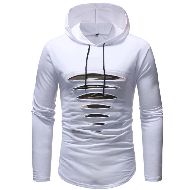 Moda-2019 Designer Pierced Zipper Painel Hoodies Homens Camiseta Homens Longline Hem Curvado Casual T-shirt Streetwear Tops Tees Tees