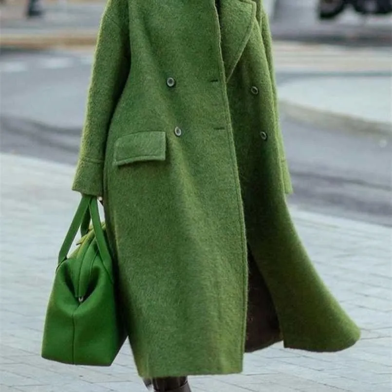 Automne hiver long manteau de laine couleur unie tempérament sans ceinture revers lâche laine vert manteau vêtements 211104