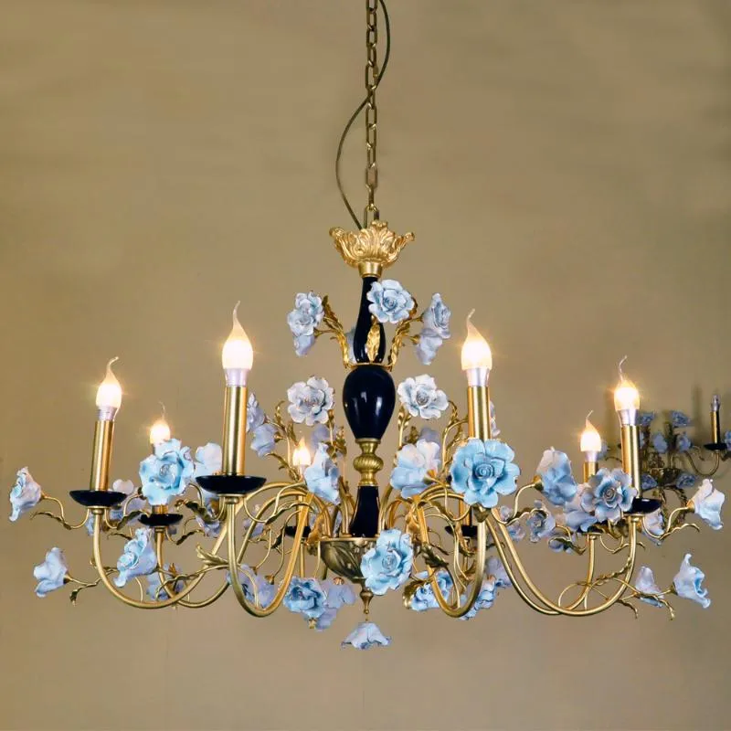 Pendant Lamps Chandeliers With Porcelain Roses Of Brass And Black Marble Frame For Living Room Dinning