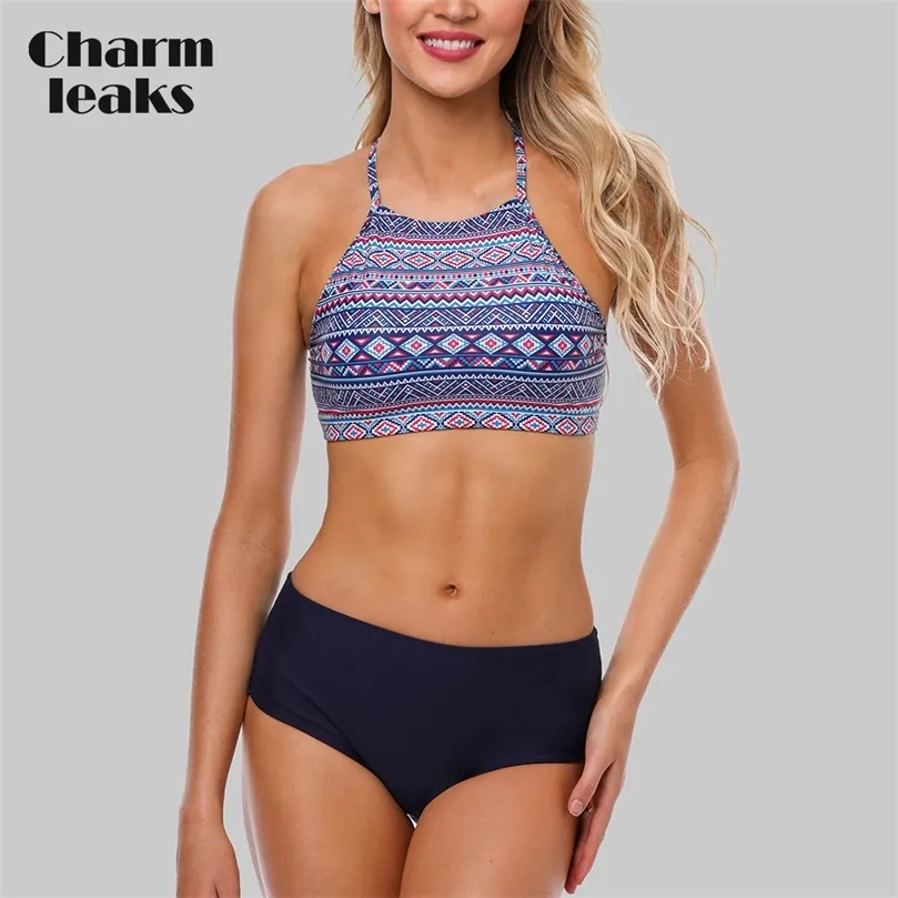 Charmleki Kobiety Bikini Set Halter Stroje kąpielowe Wysokiej szyi Swimsuit Vintage Drukowane Kostium Kąpielowy Beachwear 210712