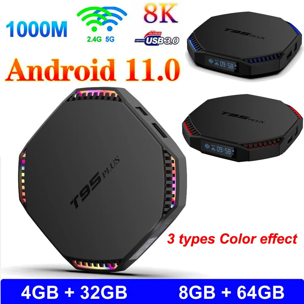 T95 Plus Android 11.0 تلفزيون ذكي 8 جيجابايت RAM 64GB ROM RK3566 رباعية النواة 4G32G 8K Media Player 1000M 2.4 / 5G Band Band WiFi BT 4.0 تعيين أعلى الصناديق مع العرض