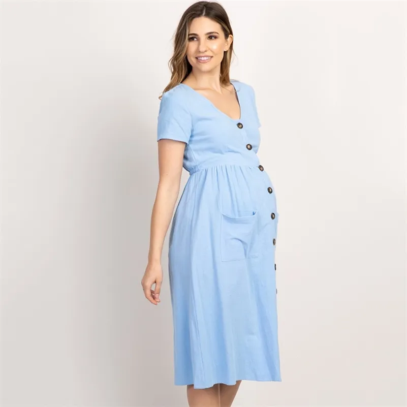 Button Pocket Maternity Dresses Pregnant Women Office Casual Clothes Cotton Summer Female Plus Size Pregnancy Dress Graduation 210721