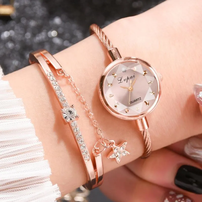 PCS Set Luxury Women Bracelet Watches Bangle Style Dress Watch Ladies Rose Gold Quartz Clock Wrist Zegarek Damski Wristwatches270a