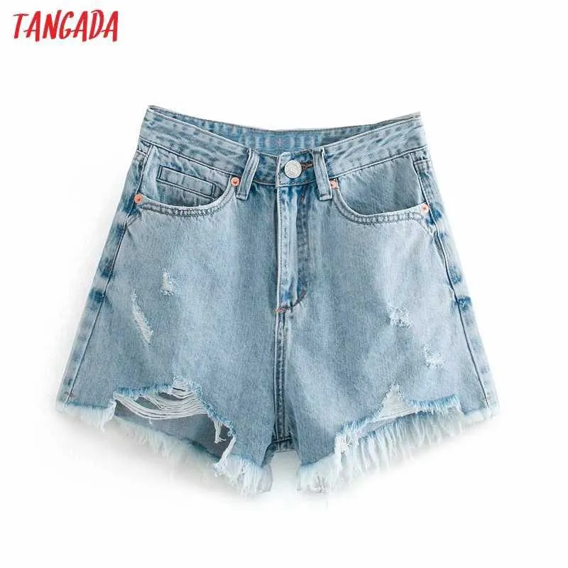 Tangada Kvinnor Blå Denim Sommar Shorts Tassels Zipper Fickor Kvinna Retro Basic Casual Shorts Pantalones 4M144 210609