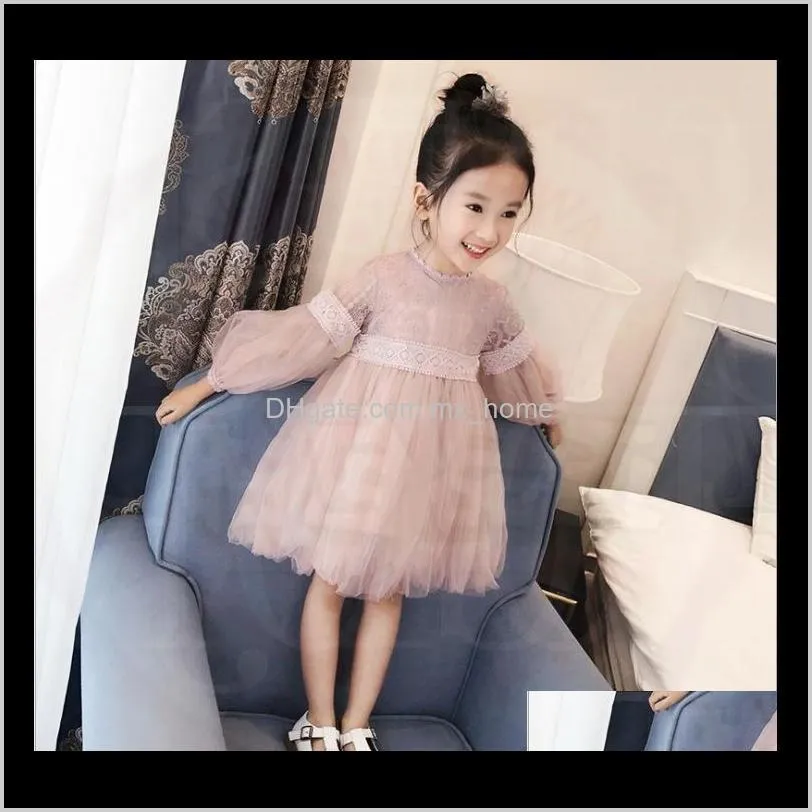 new dresses for girls lace solid long lantern sleeve o-neck ball grown party princess dress children baby kids clothes