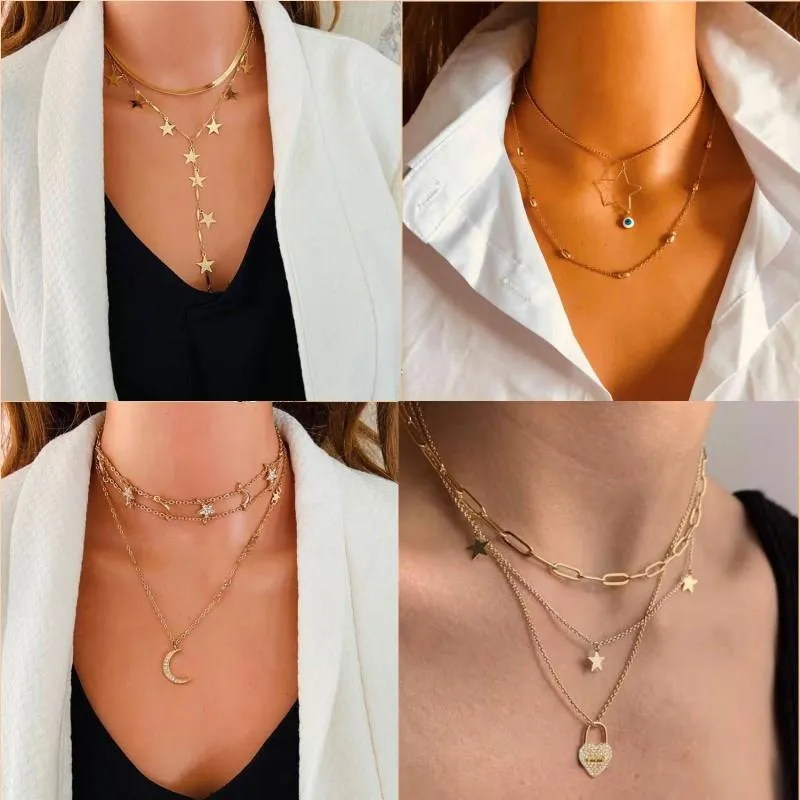 Подвесные ожерелья Bohemian Gold Stars Moon Coker Collece для женщин с цепочками