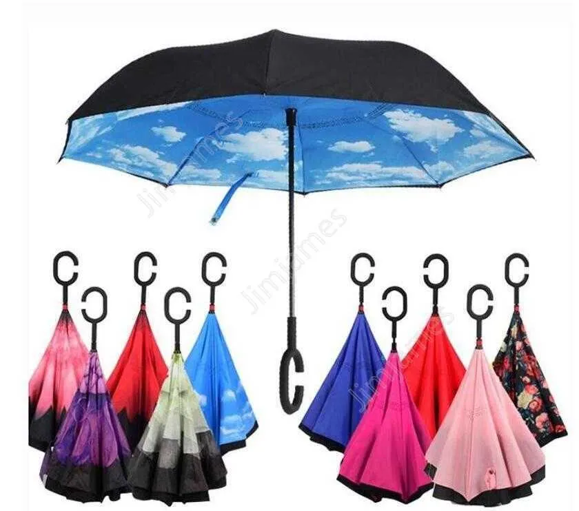 C-Hand Reverse Umbrellas Windproof Reverse Double Layer Inverted Umbrella Inside Out Stand Windproof Umbrella free fast sea shipping DAJ315