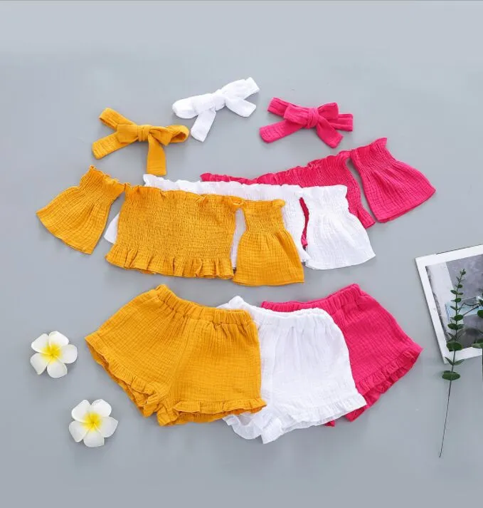 Summer Girls Cotton Odzież Ustawia Solid Color One Line Shoulder with Plated Plised Jacket and Shorts Set