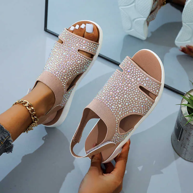 2021 New Summer Women Sandals Sexy Shoes Crystal Casual Woman Flats Buckle Strap Ladies Fashion Beach Shoe Big size 36-43 Y0608