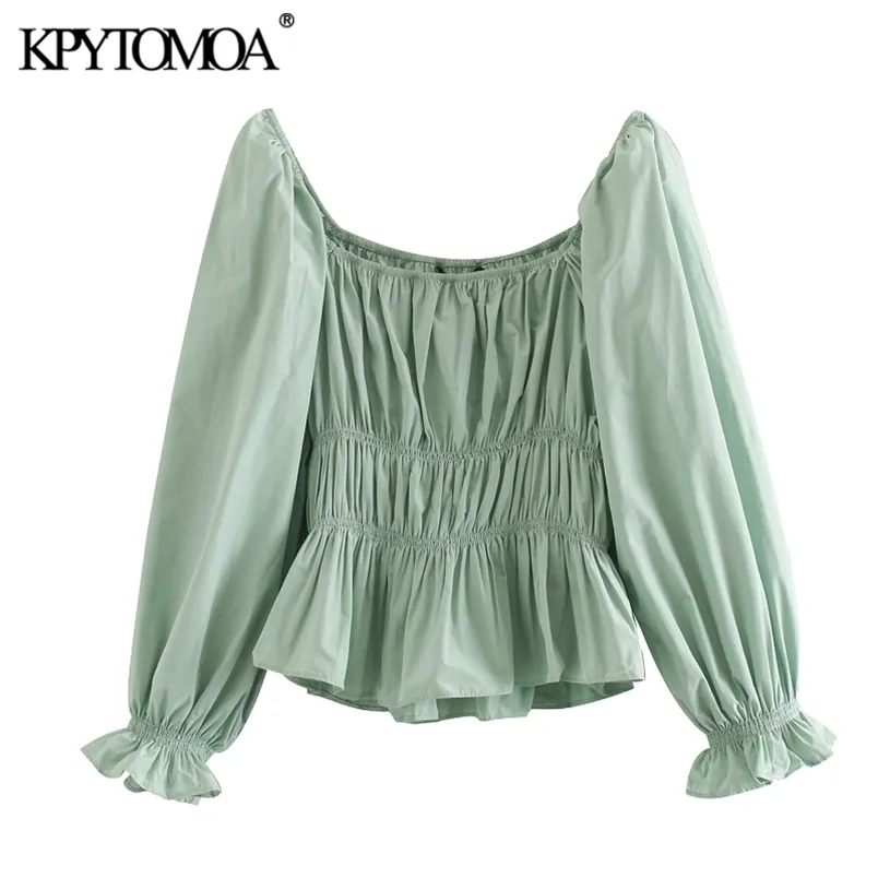 Женщины сладкие моды растягивающие вздохнутые блузки квадратный воротник три четверти рукава женские рубашки шикарные вершины 210420