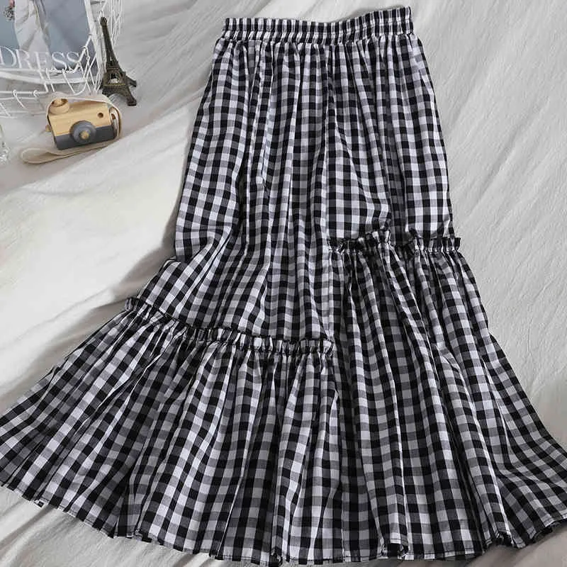 A-Line Elastic high-waisted skirt for womens summer slim ruffles knee-length Korean contrast color plaid s 210420