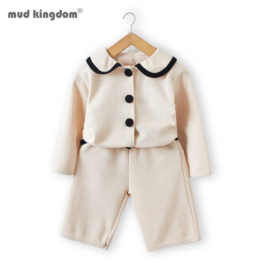 Mudkingdom maluch dzieciak Dziewczynka Ubrania Zestaw Długim Rękaw Dress Dress Set Peter Pan Blazer Spodnie 210615