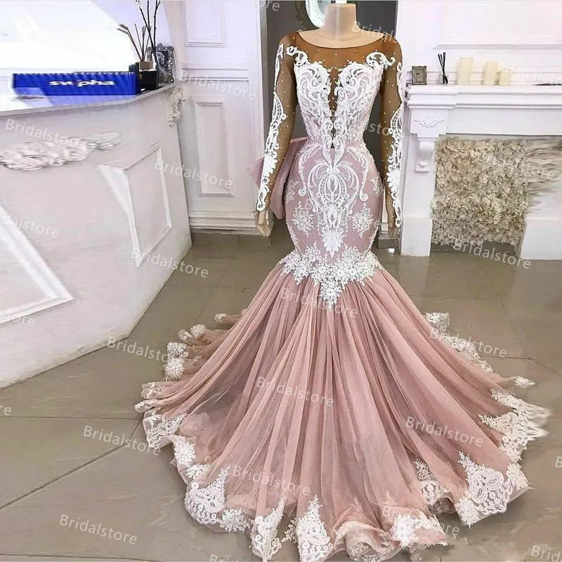 Long Sleeve Blush Pink Mermaid Wedding Dress 2021 With Beaded Lace Sheer Neck African Gothic Punk Bride Dresses Luxury Appliques Tulle Bridal Gowns Plus Size
