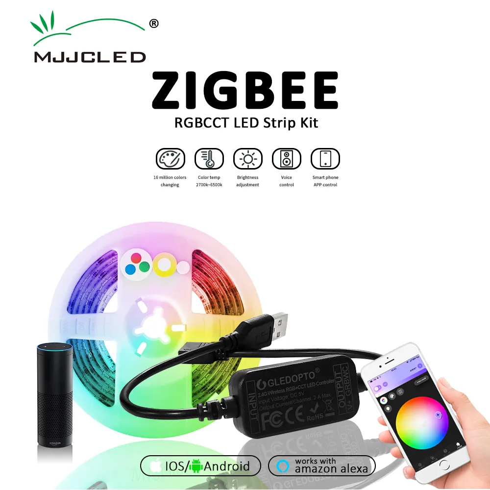 GLEDOPTO 2M RGBCCT Zigbee LED Şerit Işık TV Arka Işık Akıllı Kiti 5 V USB RGB CCT Şerit Bant Şerit Lambası Hub ile Çalışmak Alexa Echo