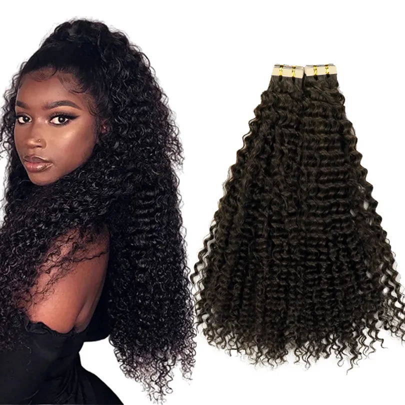 Afro Kinky Curly Tape dans les extensions de cheveux humains 100% trame de peau Remy 40 pièces par paquet pour salon couleur naturelle peut être teint