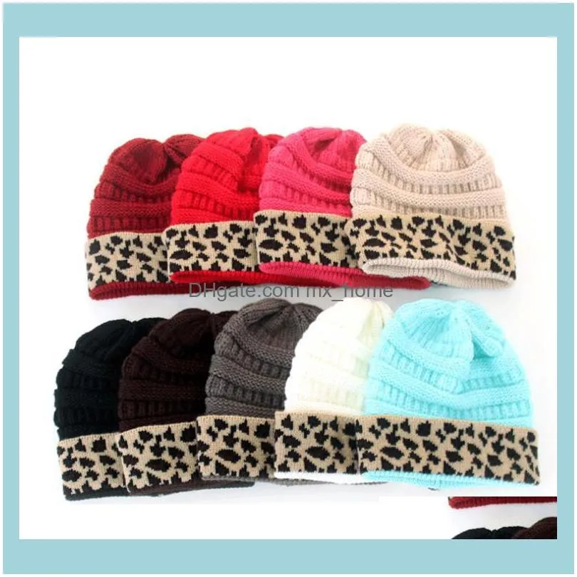 Casa festiva GardenleLard Knit Mulheres Inverno Leopardo Patchwork Beanies Beanies Chapéu Quente Crânio Crochet Caps Unisex Party Chapéus Fontes 11 c