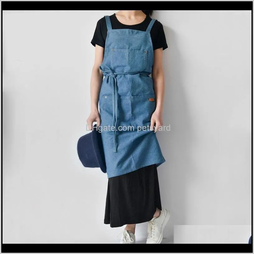 fashion denim fabric apron for woman cotton antifouling kitchen baking cooking aprons household cleaning accessories