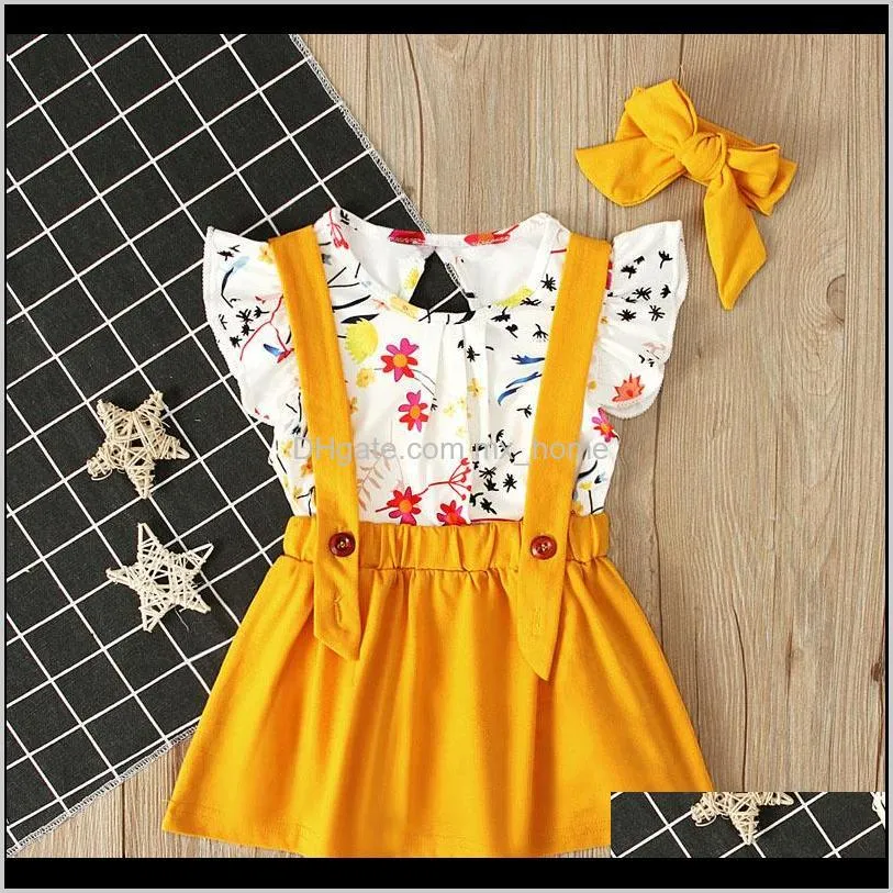 kids girls clothing sets petal sleeve floral printed strap dress kids desinger clothes girls three-piece suit bow tie headband 6m-5t