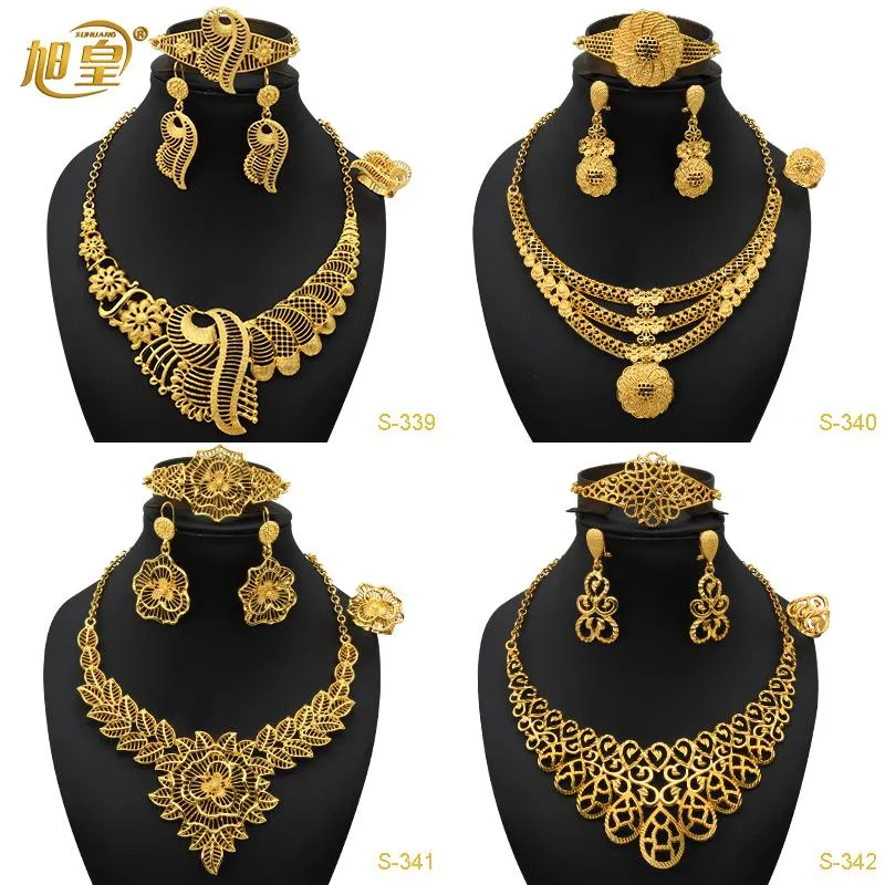 Orecchini Collana XUHUANG Set di gioielli in oro africano Set di gioielli da sposa nigeriani Accessori con motivo floreale per donne arabe Regali