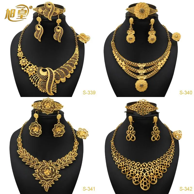 Oorbellen Ketting XUHUANG Afrikaanse Goud Fijne Sieraden Set Nigeriaanse Bruids Bruiloft Bloemenpatroon Accessoires Arabische Vrouwen Sieraden Geschenken