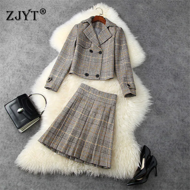 Women Two Piece Outfit Vintage Plaid Double Breasted Woolen Jacket and Pleated Skirt Suit Matching Set Autumn Winter Twinset 210601