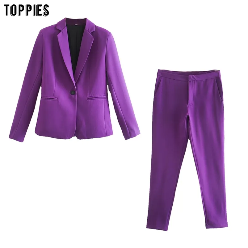 Lente dunne pakken set vrouw twee stuk enkele knop blazer jas kantoor dame kleding 210421