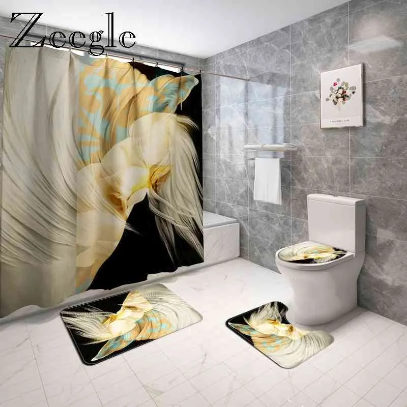 Abstract White Horse Bath Mat and Shower Curtain Set Anti-Slip Bath Carpet Combination Mat Bathroom Floor Mat