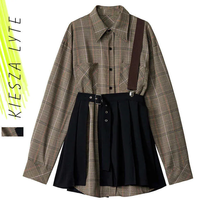 Women Plaid Pleated Split Two Piece Dress Lapel Long Sleeve Loose Fit Fashion Spring Autumn korean dress 210608