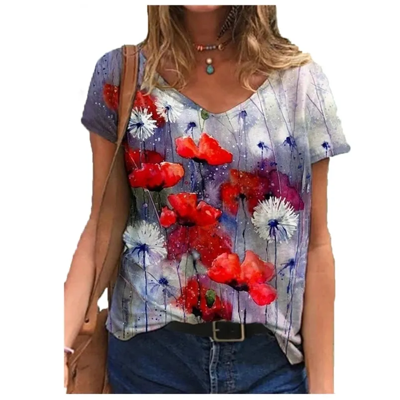 3D Laço Floral Imprimir Mulheres Camisetas Loose Curta Loose Plus Size Tops Fashion Street Ladies V-Neck Summer Tee 210522