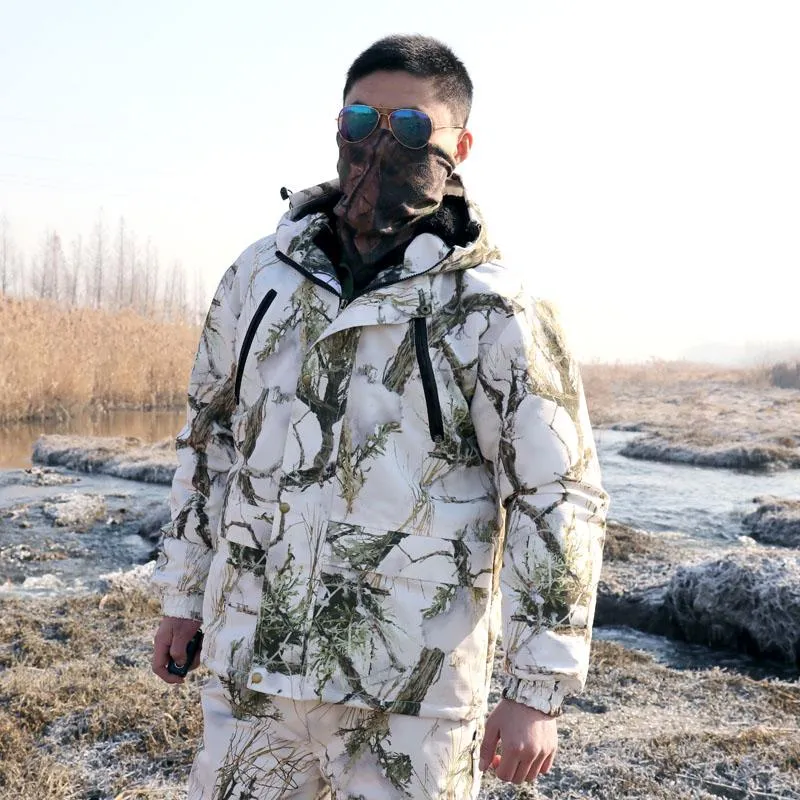Hunting Jackets Winter Men's Snow Bionic Camouflage Suit Waterproof Warm  Fleece Outdoor Fishing Jacket Pants 2Pcs Sets Male