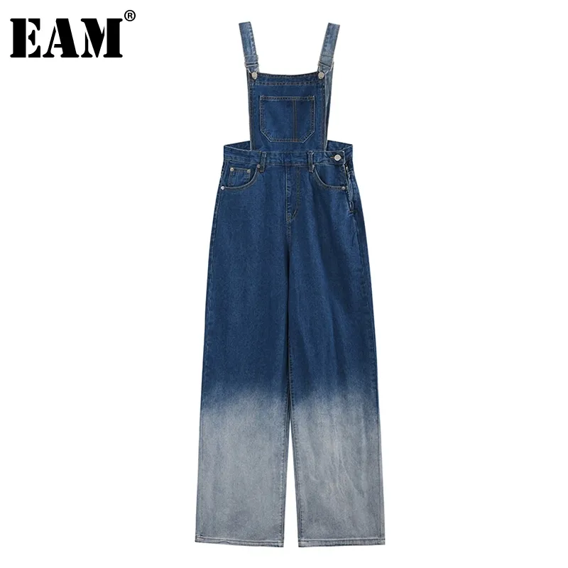 [Eam] Loose Fit Women Blue Denim Wide Leg Jumpsuit High Waist Pocket Stitch Pants Fashion Spring Höst 1DD7861 210512