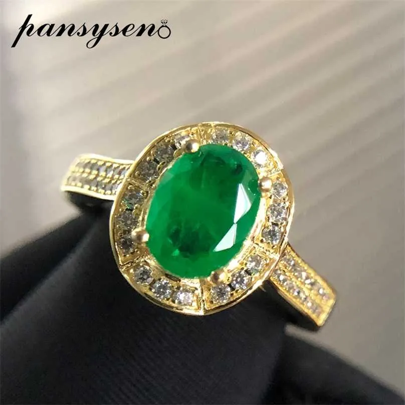 PANSYSEN Luxury 925 sterling silver 8x6MM Oval Emerald Gemstone rings for women Wedding Cocktail party Fine Jewelry Ring Gifts 211217