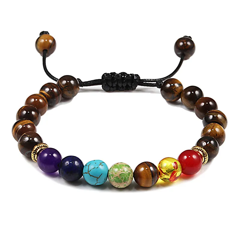 Armband mit 7 Chakra-Steinperlen, 8 mm, schwarze Lava, matt, Tigerauge, Perlen, heilende Balance-Armbänder für Damen und Herren, Yoga-Schmuck