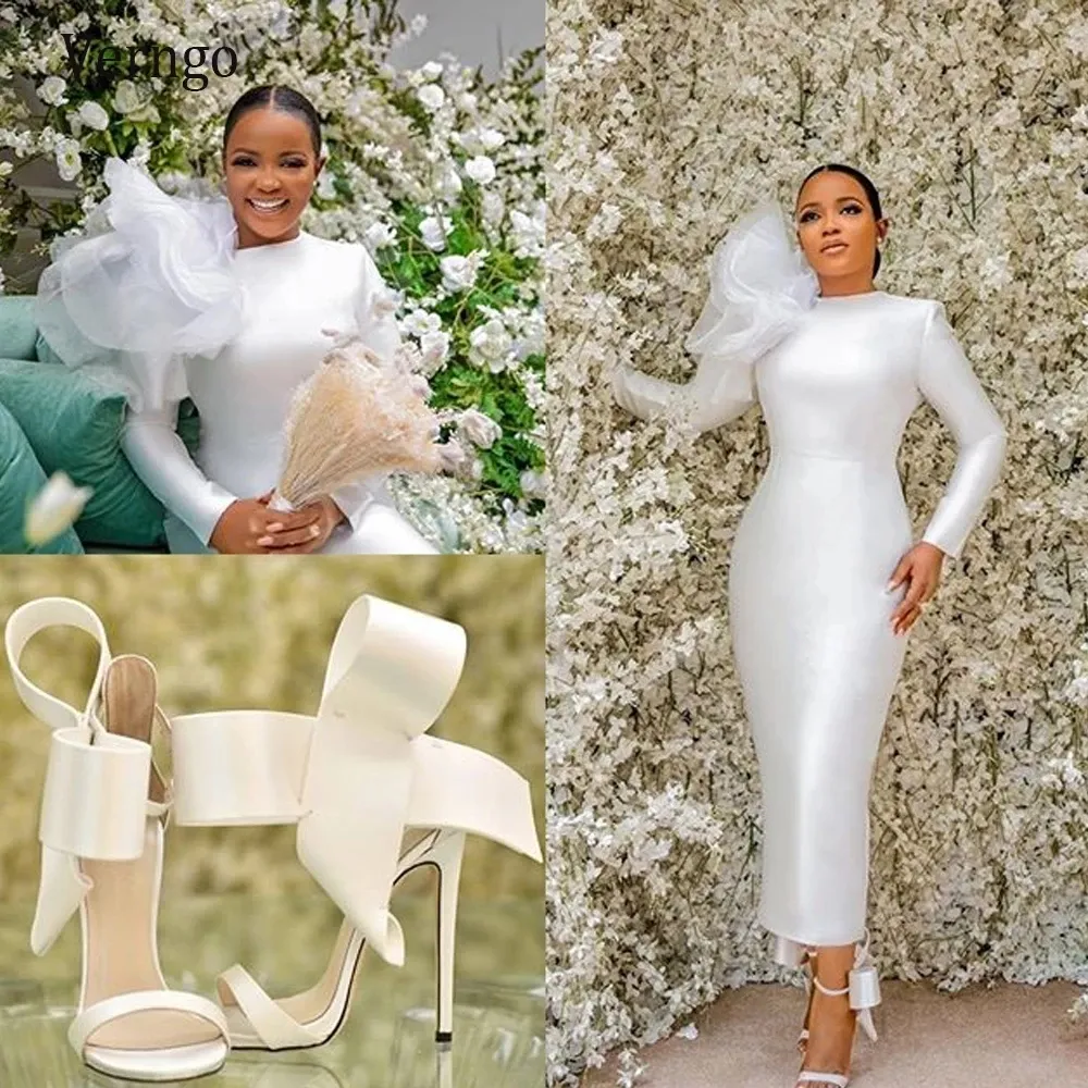 Robes de soirée formelles blanches 2021 manches longues taffetas O cou cheville longueur fête robes de bal robes simples africaines Vestidos