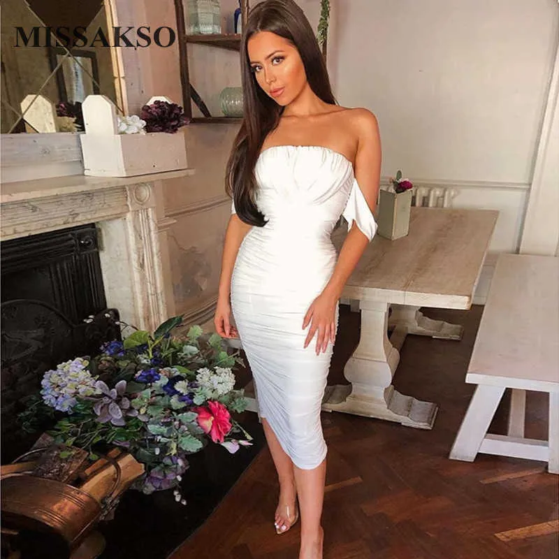 Missakso Summer Ruched Midi Dress Club Elegant Party Solid Backless Sexy Women Bodycon Off Shoulder Strapless Dress 210625