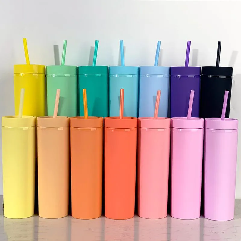 17 couleurs en stock ! Gobelets maigres en acrylique à double paroi de 16 oz avec couvercle en paille Bouteille d'eau mince en plastique réutilisable Tasses juteuses isolées Macron Couleur pastel DIY Mug personnalisé