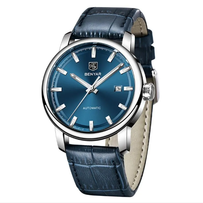 Relógios de pulso 2021 relógios de couro masculinos Benyar Top Brand Business Business Alloy Mecânica Case Men Sports Watch Relogio Masculino A493