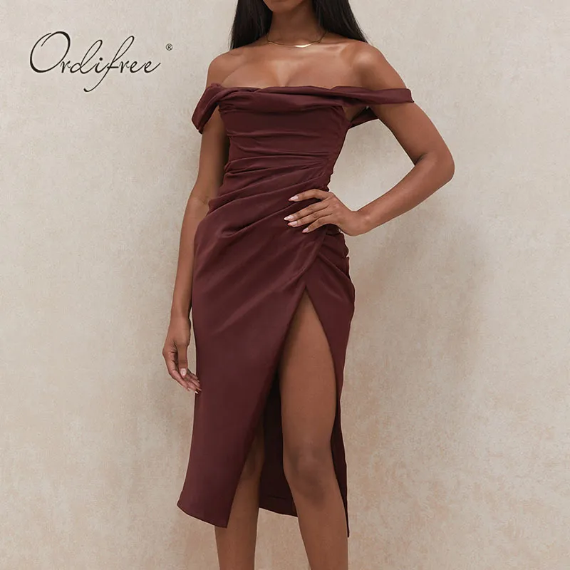 Летний Womem Burgundy Satin Spaghetti Ramap Draped Slit Sexy Silk Party MIDI платье 210415