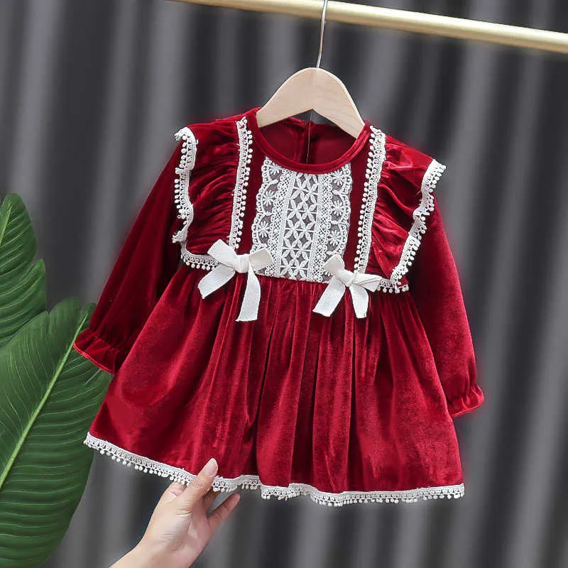 春の赤ちゃんの女の子ベルベットのドレスワインパーティープリンセス子供のドレスのレースの子供たちの服ロリータスタイルvestido Q0716