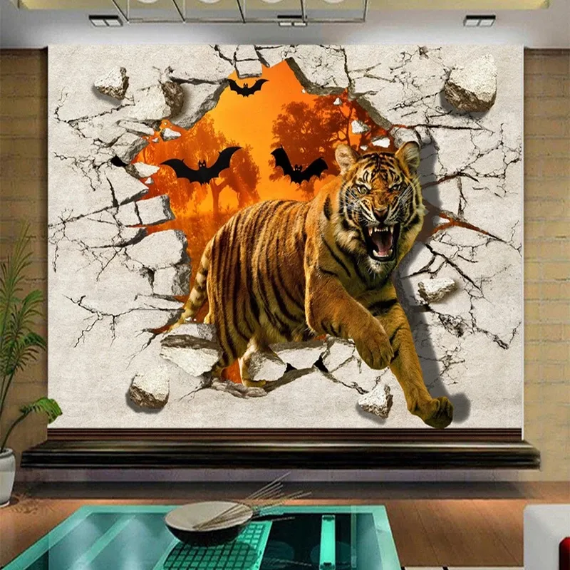 Grande Papel de Parede Mural Pintura Tigre Parede Broken 3D Creative Sala  Criativa TV Photo Parede