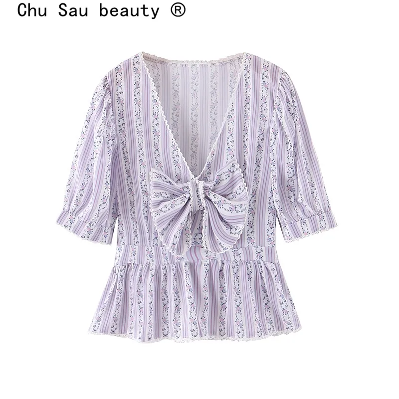 Chu sau skönhet mode härlig blogger stil lila blommiga tryck toppar kvinnor söt chic båge v-hals blouses camisa de moda 210508