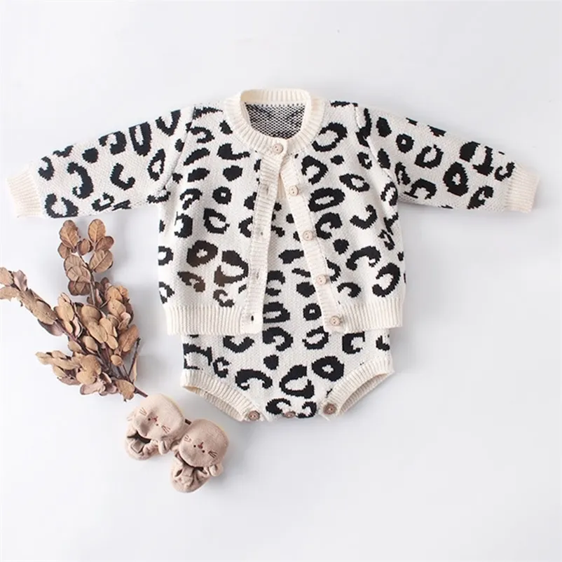 Baby Boy Girl Outfits Clothes Set born Leopard Print Knit Coat + Rompers Suit Infant Boys Girls Clothing 210521