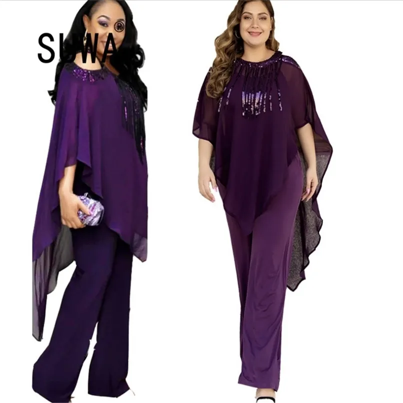 Elegant arbete slitage afrikansk kläder för kvinnor 2 stycke set långärmad maxi topp tunika hög midja rakt benbyxor grossist 210525