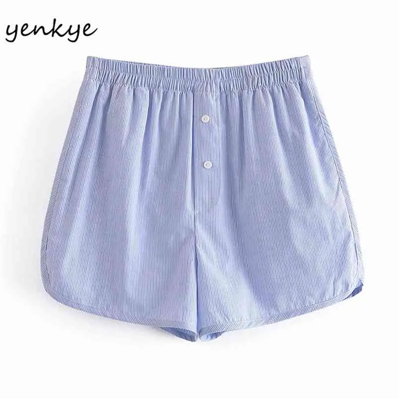 Luz azul listrado shorts mulheres elásticas cintura alta ocasional femme verão pantalones cortos de mujer 210514