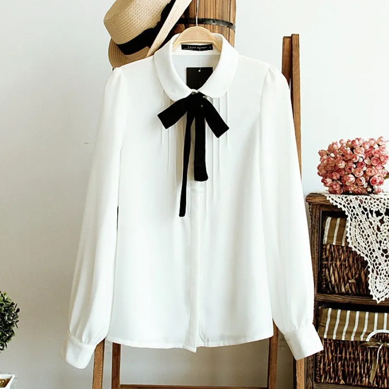 Mode Femme Élégant Noeud Papillon Blouses Blanches En Mousseline De Soie Peter Pan Col Chemise Décontractée Dames Blouse X0521