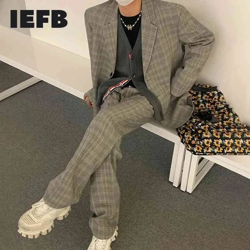 IEFB Mäns Två Pieid Plaid Suit Höst Loose Korean Blazers Coat + Wide Stright Pants Casual Fashion Sets för Man 9Y4229 210524