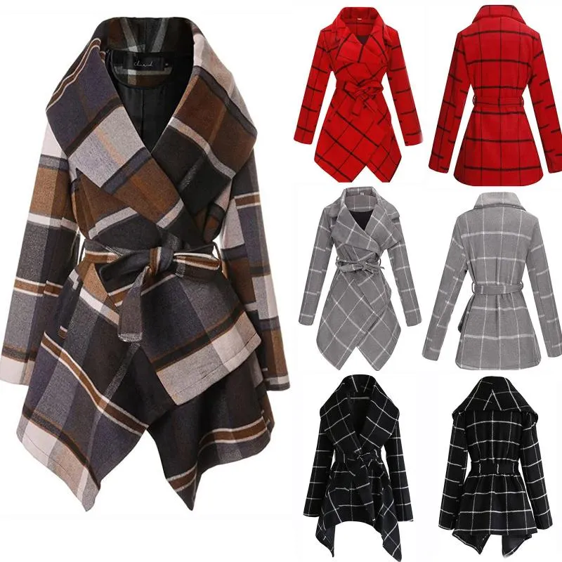 Women's Jackets Autumn Winter Jacket Turn Down Collar Coat Belted Wool Blend Asymmetric Hem Wrap Solid Color D3