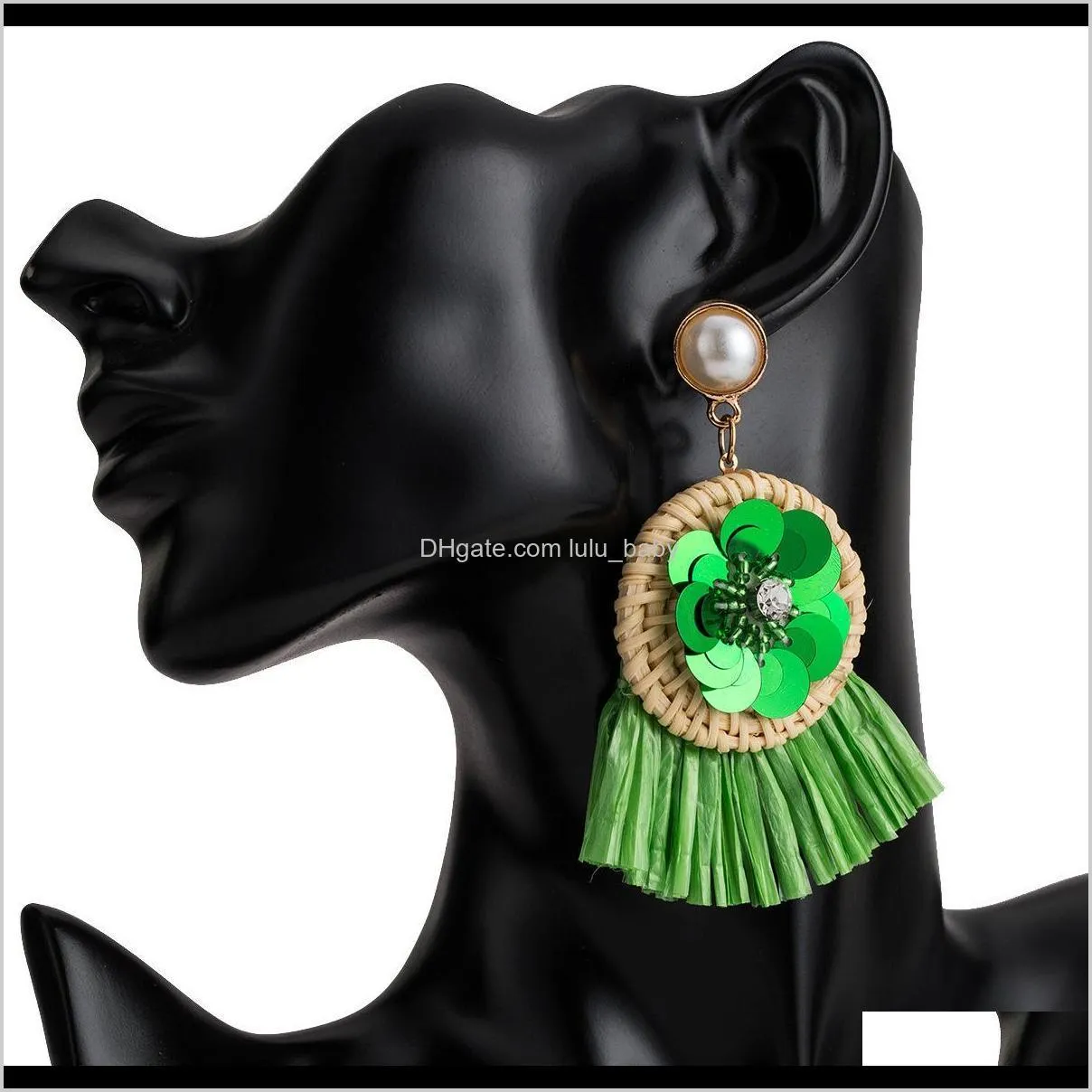 rattan woven sequins with diamond lafite tassel earrings multi-layer exaggerated earring