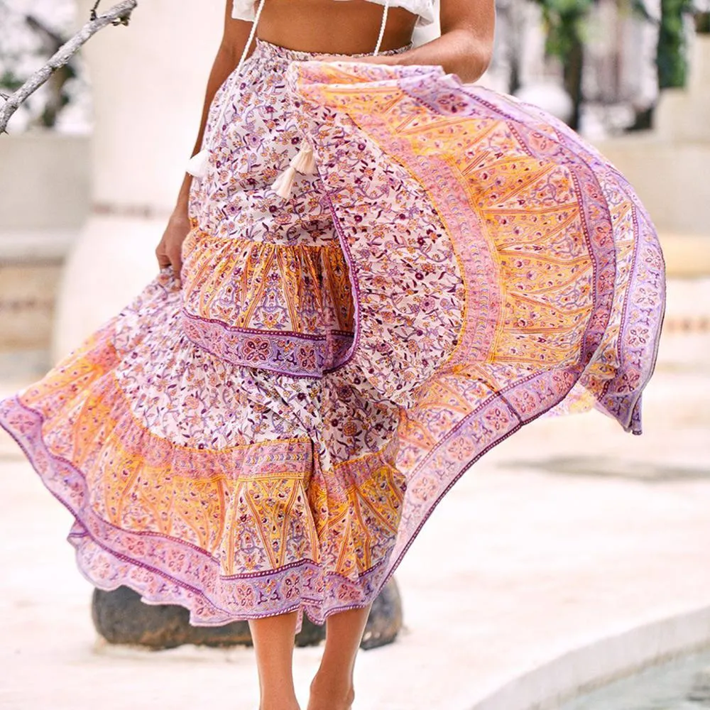 Jastie Bohemian Print Maxi юбка хиппи шикарный длинный пляж юбка летние юбки SAIA высокая талия женские юбки женские фалды 210419